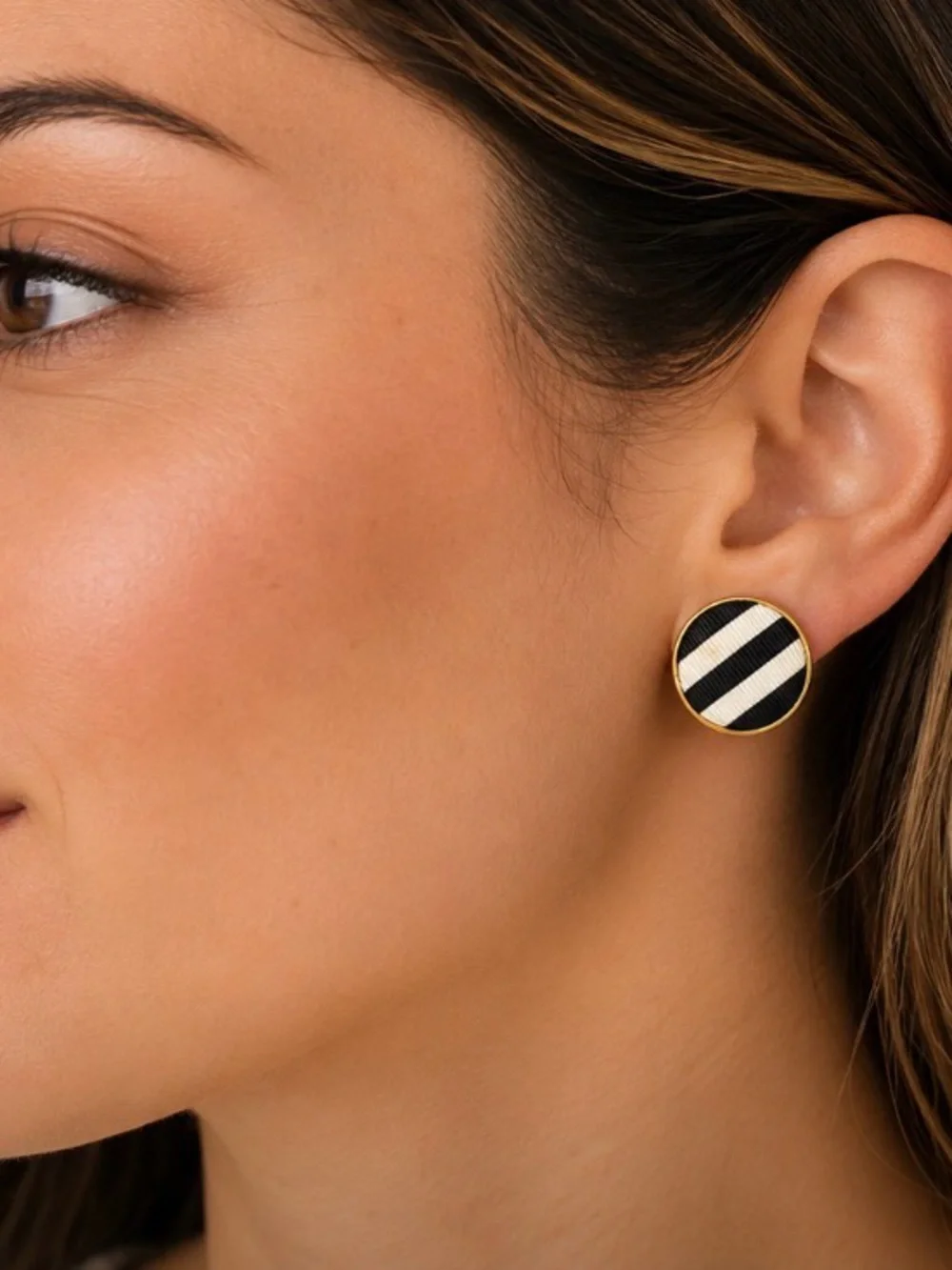Kate Spade New York Cream Striped Grosgrain Round Statement Stud Earrings